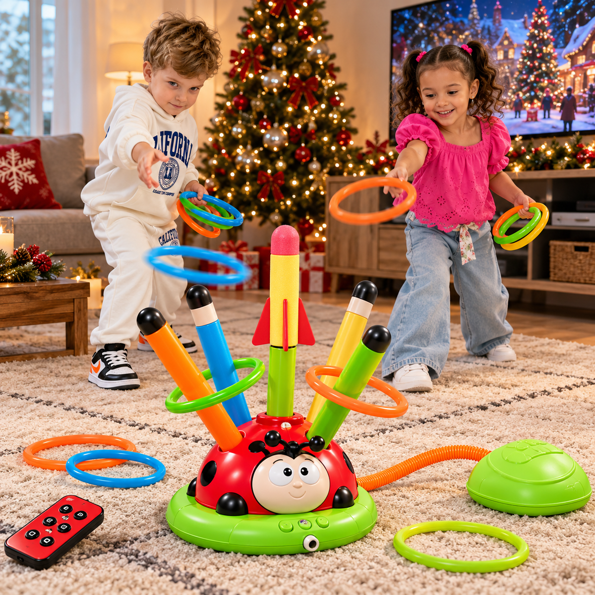 Niños jugando al lanza aros en Navidad